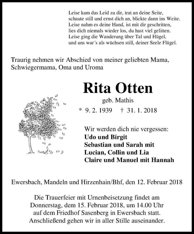  Traueranzeige für Rita Otten vom 12.02.2018 aus Dill-Block