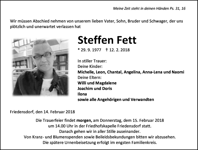  Traueranzeige für Steffen Fett vom 14.02.2018 aus Hinterländer Anzeiger