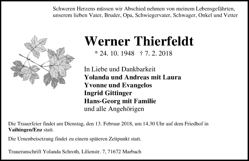  Traueranzeige für Werner Thierfeldt vom 10.02.2018 aus Dill-Block