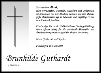 Traueranzeige von Brunhilde Guthardt von Weilburger Tageblatt