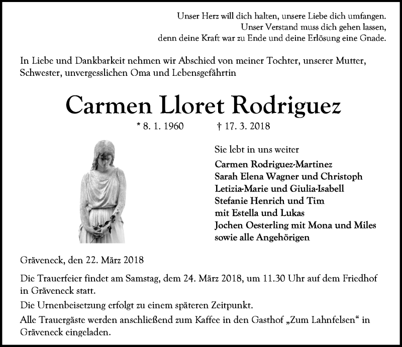  Traueranzeige für Carmen Lloret Rodriguez vom 22.03.2018 aus Weilburger Tageblatt