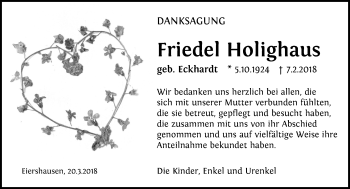 Traueranzeige von Friedel Holighaus von Dill-Block