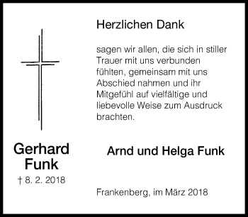 Traueranzeige von Gerhard Funk von Hinterländer Anzeiger