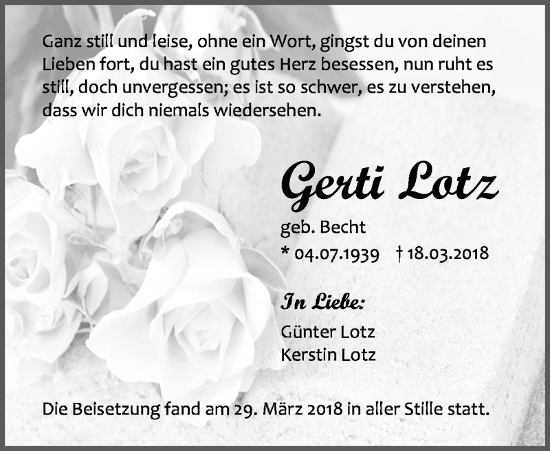  Traueranzeige für Gerti Lotz vom 31.03.2018 aus Wetzlarer Neue Zeitung