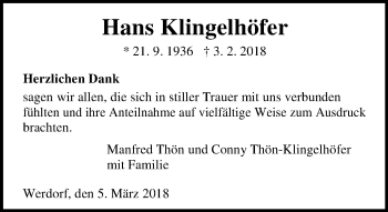 Traueranzeige von Hans Klingelhöfer von Wetzlarer Neue Zeitung