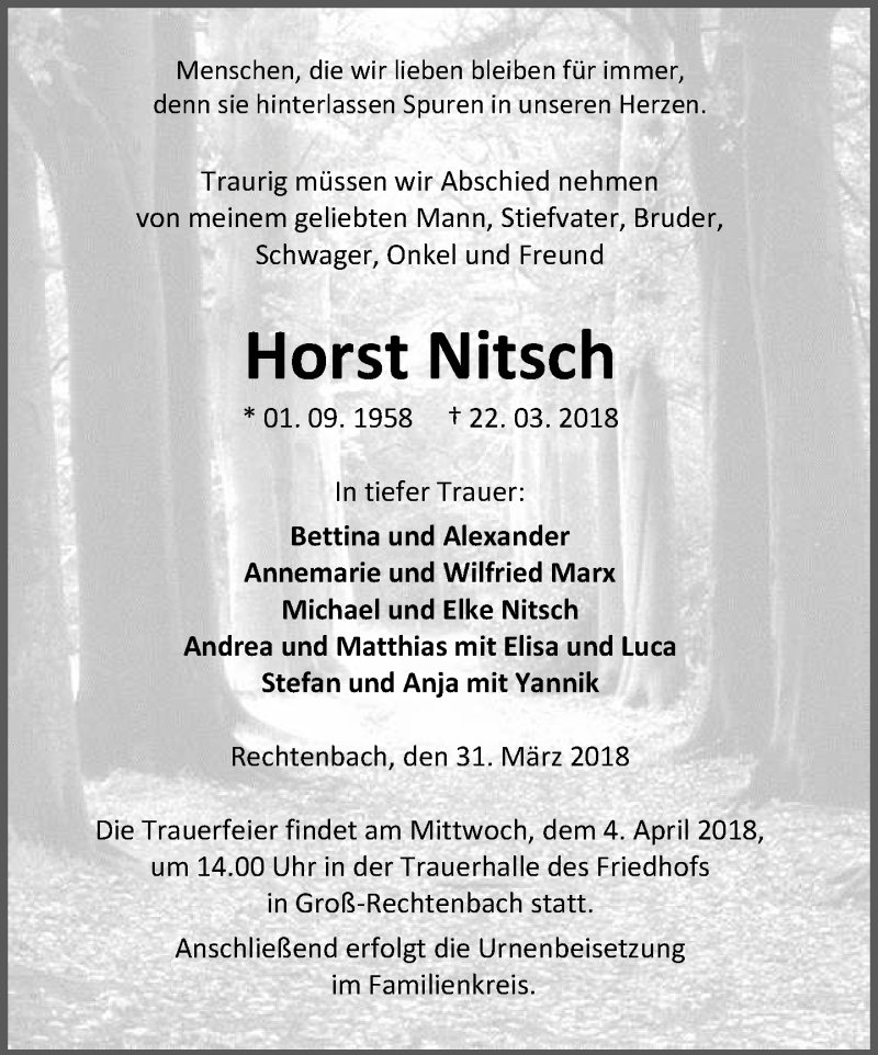 Traueranzeige für Horst Nitsch vom 31.03.2018 aus Wetzlarer Neue Zeitung