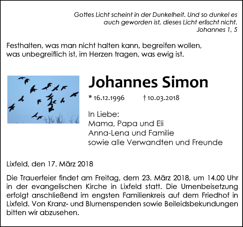  Traueranzeige für Johannes Simon vom 17.03.2018 aus Hinterländer Anzeiger