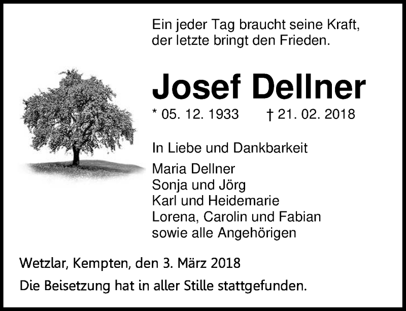  Traueranzeige für Josef Dellner vom 03.03.2018 aus Wetzlarer Neue Zeitung