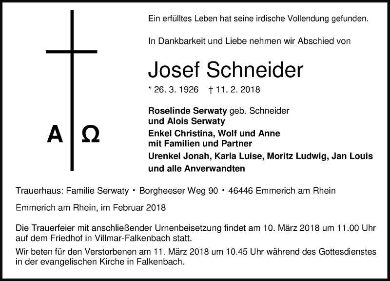  Traueranzeige für Josef Schneider vom 05.03.2018 aus Weilburger Tageblatt