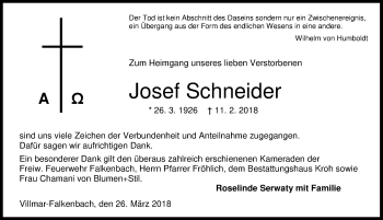 Traueranzeige von Josef Schneider von Weilburger Tageblatt