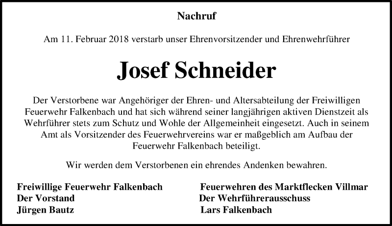  Traueranzeige für Josef Schneider vom 17.03.2018 aus Weilburger Tageblatt