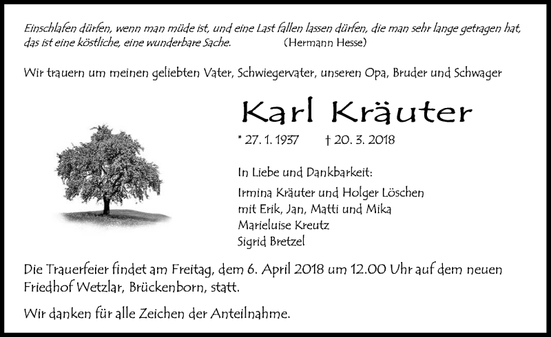  Traueranzeige für Karl Kräuter vom 27.03.2018 aus Wetzlarer Neue Zeitung