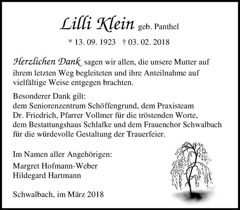  Traueranzeige für Lilli Klein vom 10.03.2018 aus Wetzlarer Neue Zeitung