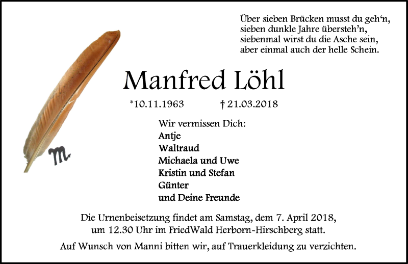  Traueranzeige für Manfred Löhl vom 31.03.2018 aus Dill-Block