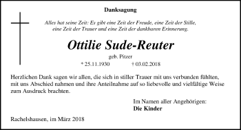 Traueranzeige von Ottilie Sude-Reuter von Hinterländer Anzeiger