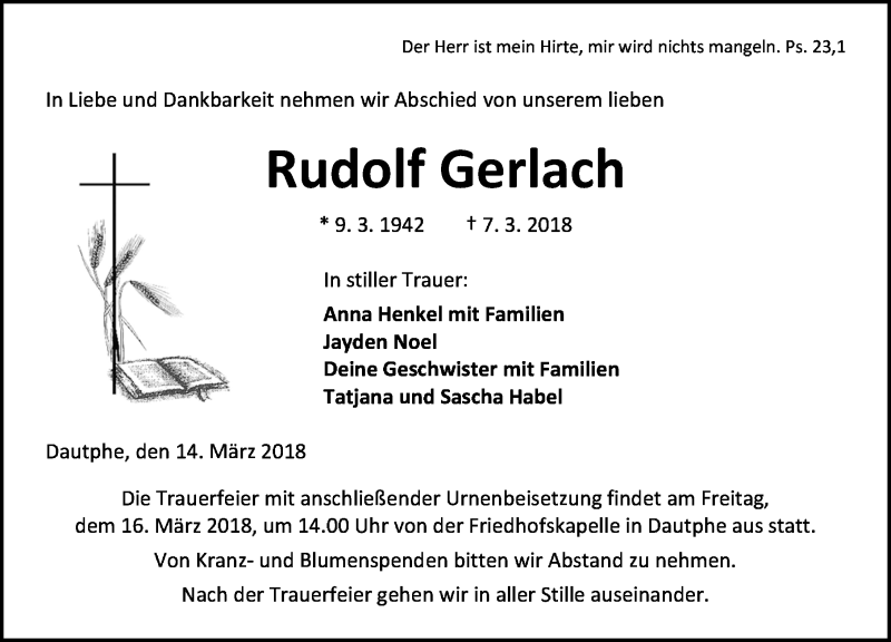  Traueranzeige für Rudolf Gerlach vom 14.03.2018 aus Hinterländer Anzeiger