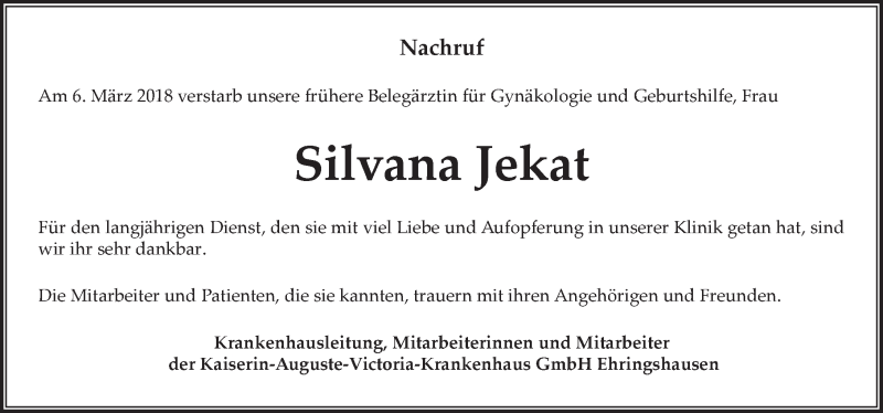  Traueranzeige für Silvana Agnes Jekat vom 13.03.2018 aus Wetzlarer Neue Zeitung