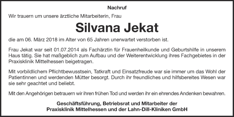  Traueranzeige für Silvana Agnes Jekat vom 13.03.2018 aus Wetzlarer Neue Zeitung