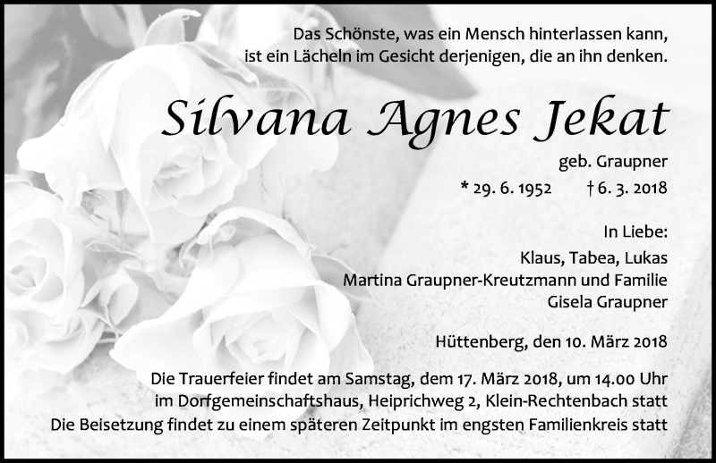  Traueranzeige für Silvana Agnes Jekat vom 10.03.2018 aus Wetzlarer Neue Zeitung