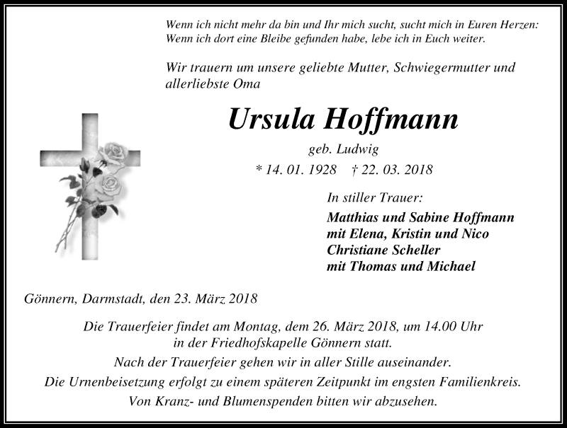  Traueranzeige für Ursula Hoffmann vom 23.03.2018 aus Hinterländer Anzeiger