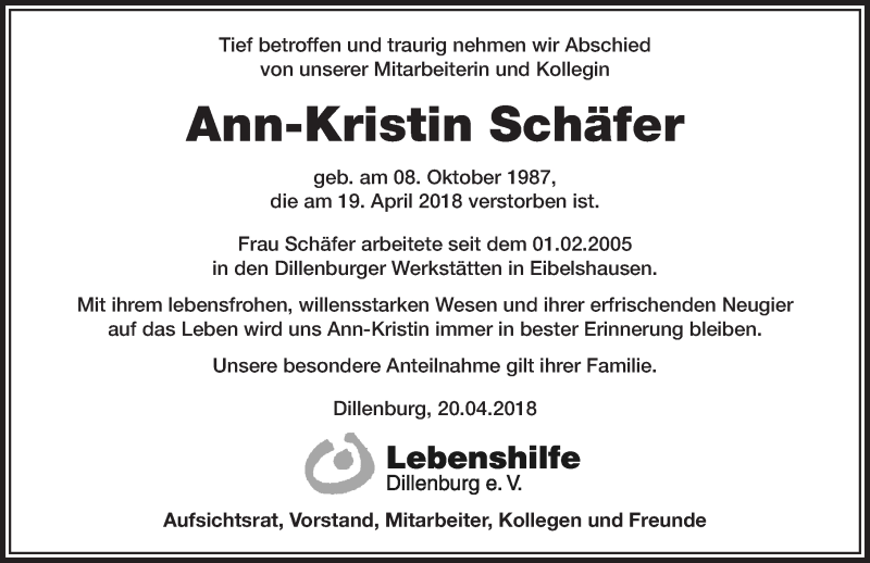  Traueranzeige für Ann-Kristin Schäfer vom 24.04.2018 aus Dill-Block