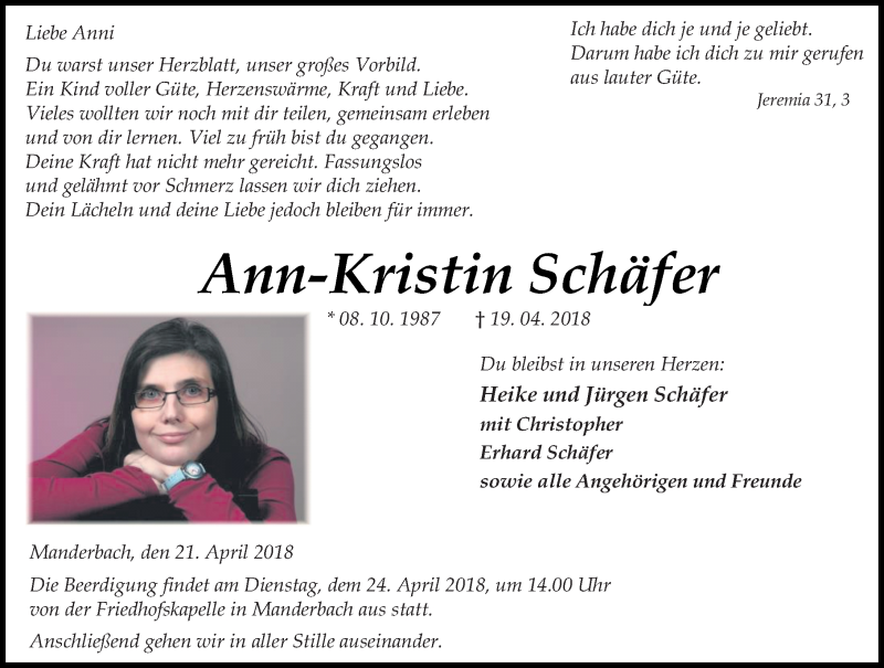  Traueranzeige für Ann-Kristin Schäfer vom 21.04.2018 aus Dill-Block
