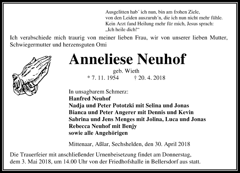  Traueranzeige für Anneliese Neuhof vom 30.04.2018 aus Dill-Block