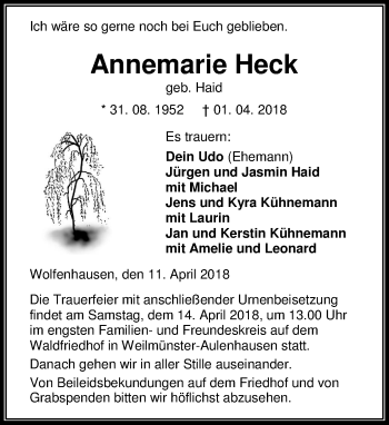 Traueranzeige von Annemarie Heck von Weilburger Tageblatt