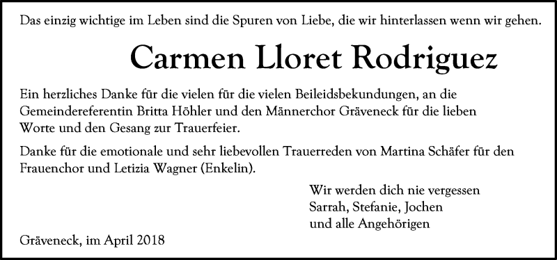  Traueranzeige für Carmen Lloret Rodriguez vom 07.04.2018 aus Weilburger Tageblatt