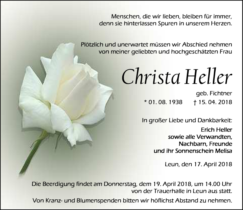  Traueranzeige für Christa Heller vom 17.04.2018 aus Wetzlarer Neue Zeitung