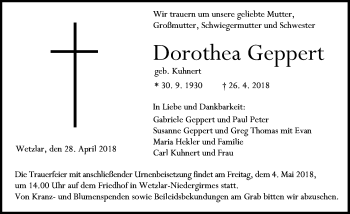 Traueranzeige von Dorothea Geppert von Wetzlarer Neue Zeitung
