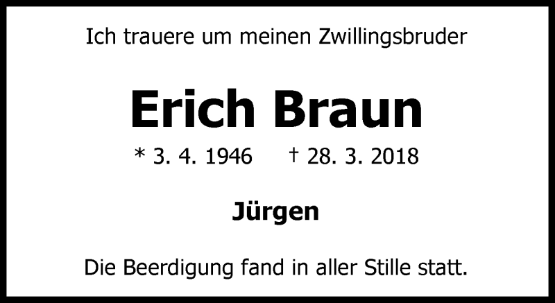  Traueranzeige für Erich Braun vom 10.04.2018 aus Hinterländer Anzeiger