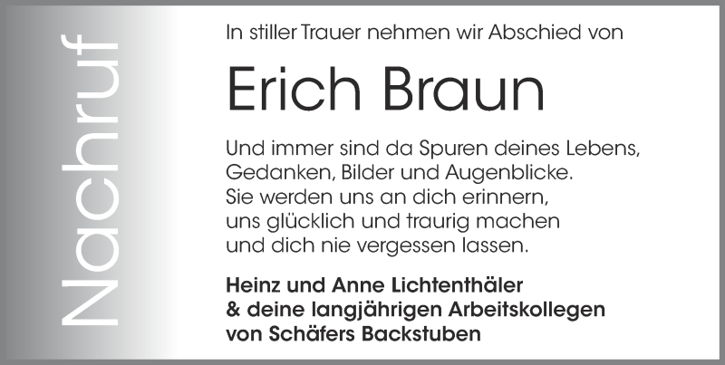  Traueranzeige für Erich Braun vom 14.04.2018 aus Hinterländer Anzeiger