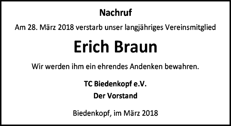  Traueranzeige für Erich Braun vom 12.04.2018 aus Hinterländer Anzeiger