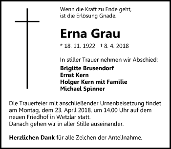 Traueranzeige von Erna Grau von Wetzlarer Neue Zeitung