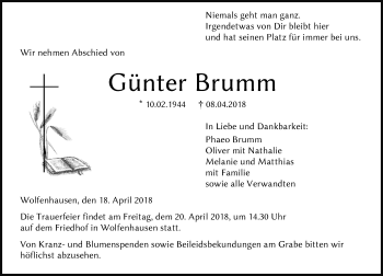 Traueranzeige von Günter Brumm von Weilburger Tageblatt