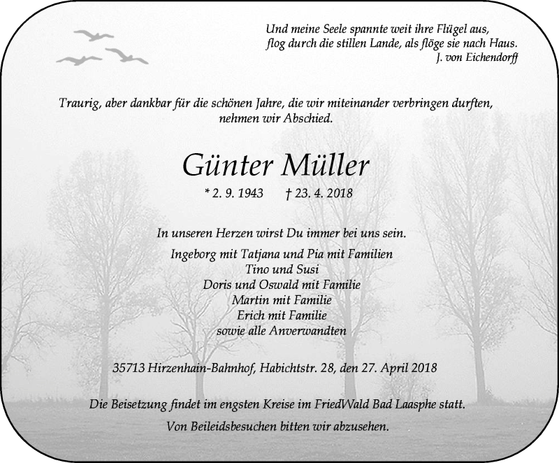  Traueranzeige für Günter Müller vom 27.04.2018 aus Dill-Block