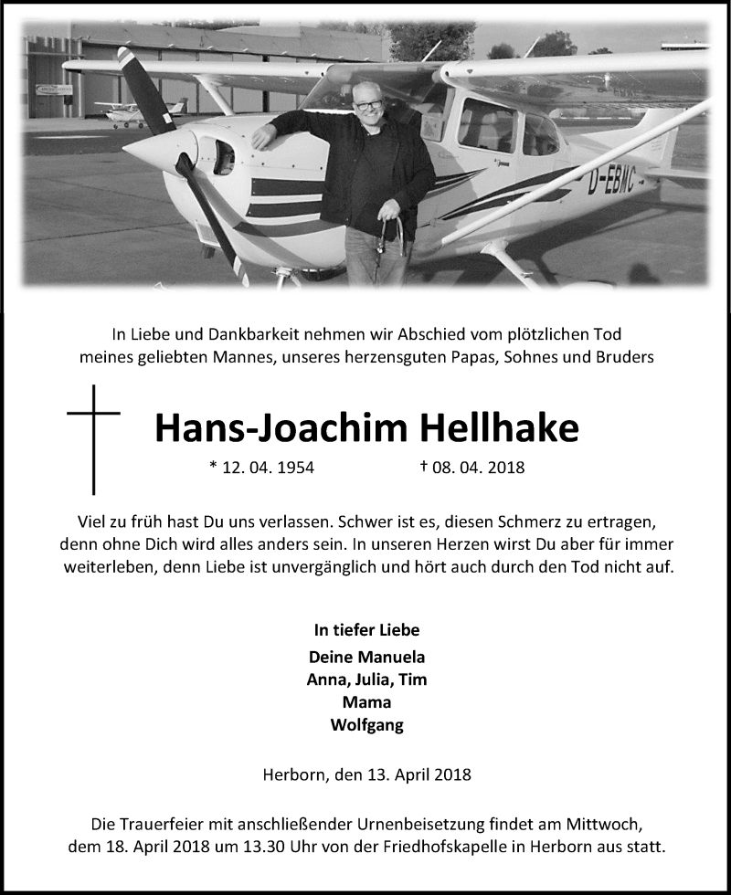  Traueranzeige für Hans-Joachim Hellhake vom 13.04.2018 aus Dill-Block
