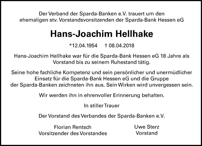  Traueranzeige für Hans-Joachim Hellhake vom 14.04.2018 aus Dill-Block
