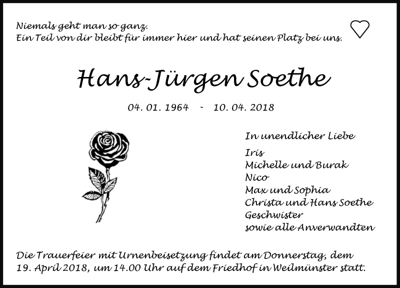  Traueranzeige für Hans-Jürgen Soethe vom 16.04.2018 aus Weilburger Tageblatt