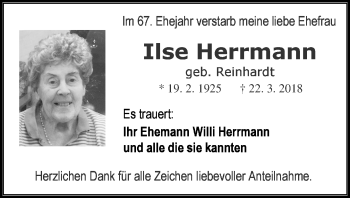 Traueranzeige von Ilse Herrmann von Wetzlarer Neue Zeitung