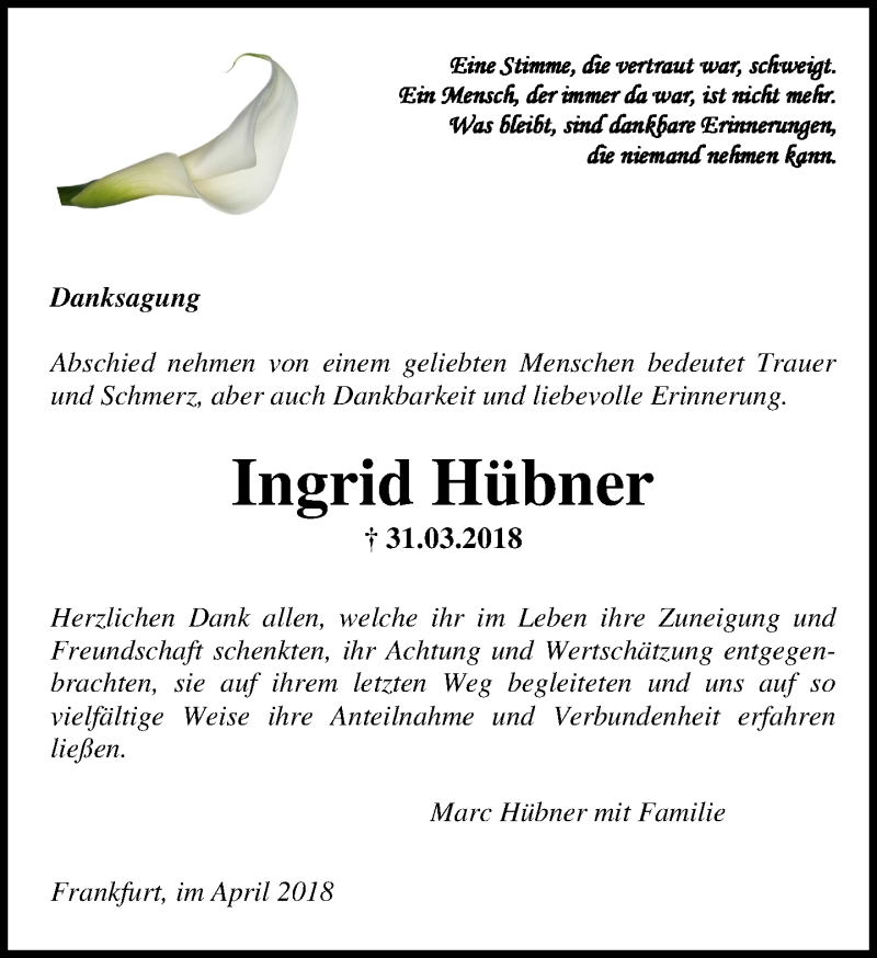  Traueranzeige für Ingrid Hübner vom 21.04.2018 aus Wetzlarer Neue Zeitung