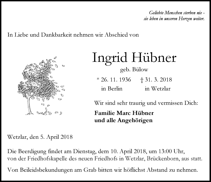  Traueranzeige für Ingrid Hübner vom 05.04.2018 aus Wetzlarer Neue Zeitung