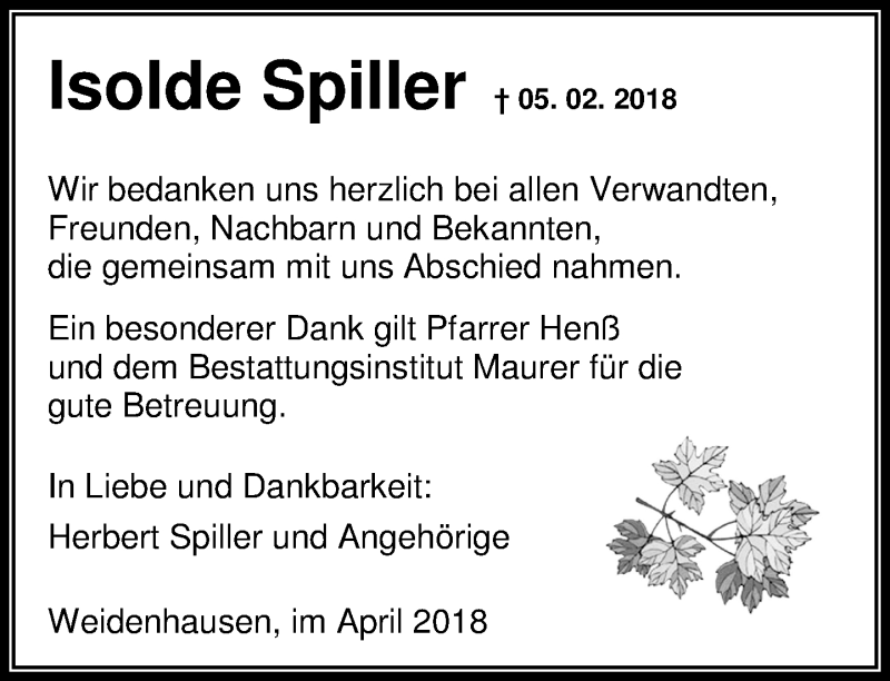  Traueranzeige für Isolde Spiller vom 13.04.2018 aus Hinterländer Anzeiger