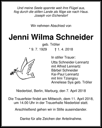 Traueranzeige von Jenni Wilma Schneider von Wetzlarer Neue Zeitung