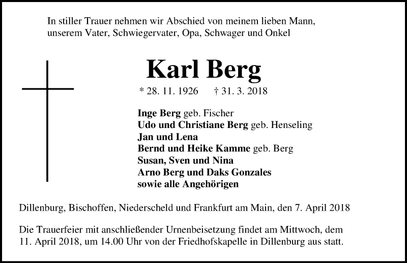  Traueranzeige für Karl Berg vom 07.04.2018 aus Dill-Block