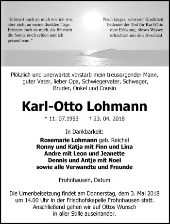 Traueranzeige von Karl-Otto Lohmann von Dill-Block