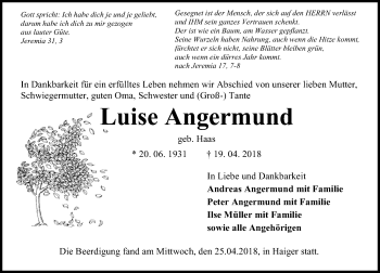 Traueranzeige von Luise Angermund von Dill-Block