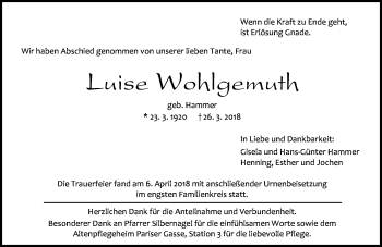 Traueranzeige von Luise Wohlgemuth von Wetzlarer Neue Zeitung