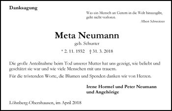 Traueranzeige von Meta Neumann von Weilburger Tageblatt